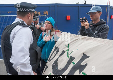 La polizia sostengono con la pace manifestanti che essi shold arrestare bloccando l'ingresso al centro ExCeL. Foto Stock