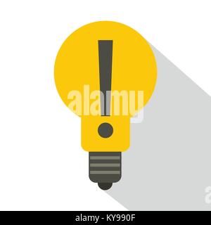 Spia gialla lampada con punto esclamativo Icona all'interno. Illustrazione piana di giallo lampadina con un punto esclamativo all'interno icona vettore per il web Illustrazione Vettoriale