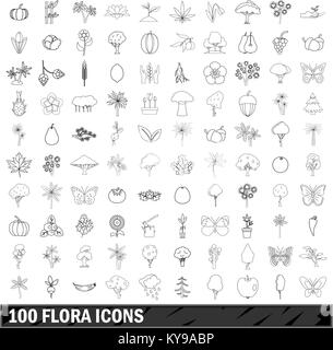 La flora 100 set di icone in stile contorno per qualsiasi design illustrazione vettoriale Illustrazione Vettoriale