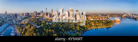 La città di Sydney alti torri del CBD e da tutte le attrazioni più importanti dietro il dominio parklands e Royal giardini nazionali su una chiara mattina d'estate contro il cielo blu. Foto Stock