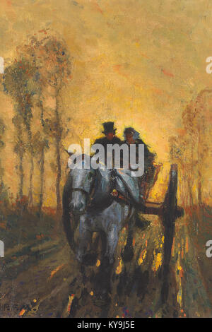 Questo dipinto di Pio Ferdinand Messerschmitt raffigura una coppia su una carrozza a cavallo, illustrando la vita rurale europea del XIX secolo e le pratiche di trasporto. Foto Stock