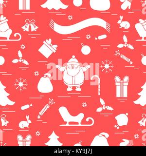 Inverno seamless pattern con diversi elementi di Natale: albero, sfere, petard, sciarpa, Santa Claus, bell, regali e altro. Design per banner, flyer, po Illustrazione Vettoriale