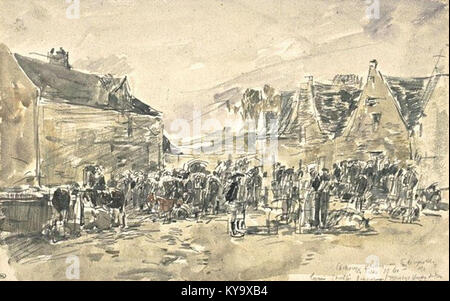 Dipinto di Eugène Boudin che raffigura il mercato in Place du Faou, mostrando bancarelle del mercato, cittadini e piazza urbana nella Francia del XIX secolo. Foto Stock