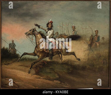 Questa opera d'arte storica ritrae Tadeusz Kościuszko, una figura chiave nella storia polacca e americana, montata su un cavallo. L'immagine evidenzia il suo ruolo nella rivoluzione americana e nella lotta polacca per l'indipendenza. Foto Stock
