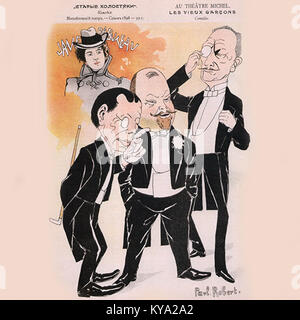 Una caricatura di Paul Robert intitolata "Starye Kholostyaki" (Les Vieux Garcons), raffigurante un commento sociale umoristico su uomini non sposati, illustrato con caratteristiche ed espressioni esagerate. Foto Stock