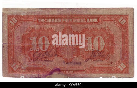 Banconota della Shansi Provincial Bank, taglio da 10 Yuan, emessa a Taiyuan, Cina, nel 1928, mostra il lato opposto e il disegno della valuta storica. Foto Stock