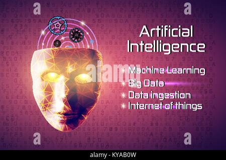 Intelligenza artificiale illustrazione concettuale con il futuristico viso raggiante e lo sfondo della tecnologia Illustrazione Vettoriale