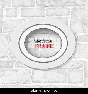 Bianco ovale cornice in legno mockup appeso su bianco muro di mattoni Illustrazione Vettoriale