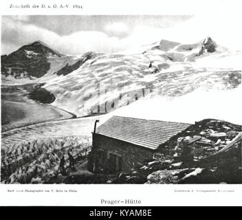 Fotografia dell'alte Prager Hütte, un rifugio situato a Matrei in Osttirol, Austria, scattata intorno al 1894. Foto Stock