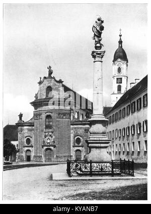 Una fotografia del 1925 di "Unser Land" di Von der Trappen, che mostra la chiesa di Mariensäule a Ochsenhausen, Germania, che mette in risalto il patrimonio architettonico e culturale. Foto Stock