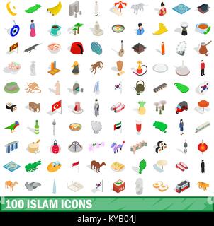 100 islam set di icone in vista isometrica 3d stile per qualsiasi design illustrazione vettoriale Illustrazione Vettoriale