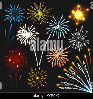 Fuochi d'artificio set esplosioni colorate luci. Illustrazione realistica del 10 fuochi d'artificio colorate luci esplosioni per il web Illustrazione Vettoriale