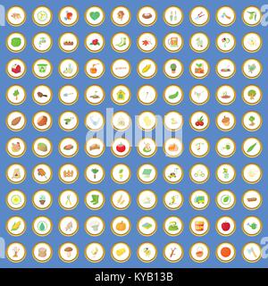 100 gardering icone cerchio impostato su sfondo blu in stile fumetto illustrazione vettoriale Illustrazione Vettoriale