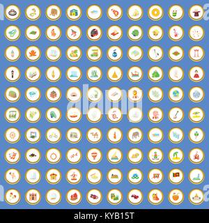 100 attrazione turistica icone cerchio impostato su sfondo blu in stile fumetto illustrazione vettoriale Illustrazione Vettoriale