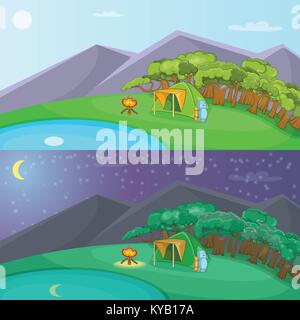 Camping banner impostare orizzontale di giorno e di notte in stile cartoon per qualsiasi design illustrazione vettoriale Illustrazione Vettoriale