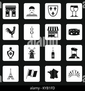Viaggio Francia set di icone in quadrati bianchi su sfondo nero in stile semplice illustrazione vettoriale Illustrazione Vettoriale