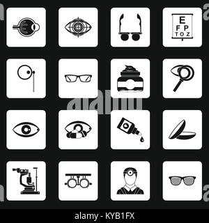 Oculista strumenti set di icone in quadrati bianchi su sfondo nero in stile semplice illustrazione vettoriale Illustrazione Vettoriale