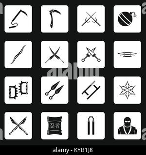 Strumenti di Ninja set di icone in quadrati bianchi su sfondo nero in stile semplice illustrazione vettoriale Illustrazione Vettoriale