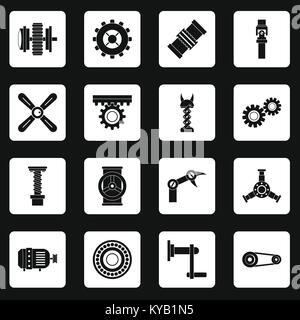 Meccanismi di Techno kit set di icone in quadrati bianchi su sfondo nero in stile semplice illustrazione vettoriale Illustrazione Vettoriale