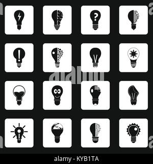 Logo della lampada set di icone in quadrati bianchi su sfondo nero in stile semplice illustrazione vettoriale Illustrazione Vettoriale