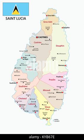 Saint Lucia politica e amministrativa di mappa con bandiera Illustrazione Vettoriale