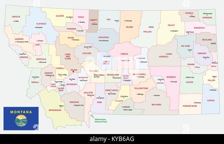 Montana politica e amministrativa di mappa vettoriale con bandiera Illustrazione Vettoriale