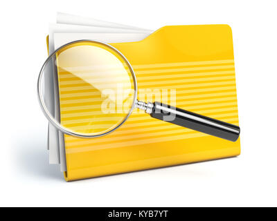 La ricerca di file concep. Cartelle e loupe o lente di ingrandimento. 3d illustrazione Foto Stock