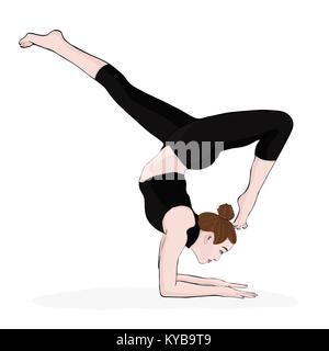 Lo Yoga pone, donna handstand, vettore multicolore ritratto di disegno. La meditazione è impegnata nella ginnastica cartoon girl produce un supporto sulle mani. Isolato su sfondo bianco Illustrazione Vettoriale