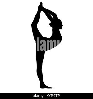 Lo Yoga pone, donna facendo stretching gambe, gamba split silhouette, vettore ritratto di contorno, ginnasta figura, in bianco e nero profilo di contorno disegno. Isolato su sfondo bianco Illustrazione Vettoriale