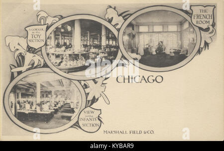 L'immagine raffigura lo storico edificio Marshall Field and Company a Chicago, Illinois. Il negozio era noto per la sua lussuosa esperienza di shopping ed era un punto di riferimento nella storia del commercio al dettaglio della città. Foto Stock