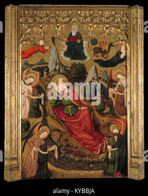 Un dipinto religioso del Maestro di Aiguatèbia che raffigura la visione di San Giovanni sull'isola di Patmos, un esempio di arte devozionale tardo gotica. Foto Stock