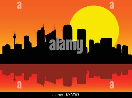 Immagine vettoriale della città di Sydney silhouette all'alba con enorme sun dietro la città e di riflessione nel porto. Illustrazione Vettoriale