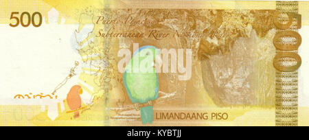 Il rovescio della banconota da 500 peso delle Filippine presenta immagini che rappresentano il patrimonio culturale e naturale del paese, tra cui il Parco Nazionale del fiume sotterraneo di Puerto Princesa e il pappagallo dalla pappagallo dalla pappagallo dalla tinta blu, simboleggiando la biodiversità e gli sforzi di conservazione. Foto Stock
