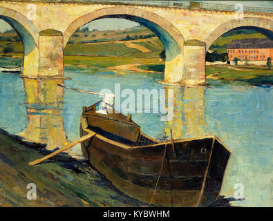 Dipinto ad olio dell'artista lussemburghese Nico Klopp che raffigura il ponte a Remich sul fiume Mosella, con colori vivaci, riflessi della città nell'acqua e un paesaggio di edifici e alberi lungo la riva del fiume. Foto Stock