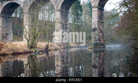 Il Viadotto Nidd a Bilton, Harrogate riflesso nel fiume Foto Stock