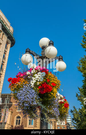 Lampione con fiori nel Porto Interno di Victoria in Canada Foto Stock