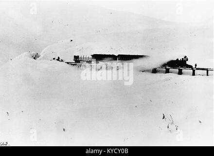 Questa fotografia del 1899 mostra un treno passeggeri della ferrovia White Pass & Yukon che scende dalla cima del White Pass, documentando il trasporto durante l'era della corsa all'oro del Klondike. Foto Stock