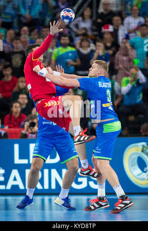 Zagabria, Croazia. Il 13 gennaio, 2018. EHF EURO Croazia 2018, gruppo (C) fase. Macedonia VS Slovenia. Ivica Drusany/Alamy Live News Foto Stock