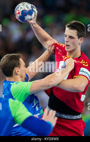 Zagabria, Croazia. Il 13 gennaio, 2018. EHF EURO Croazia 2018, gruppo (C) fase. Macedonia VS Slovenia. Ivica Drusany/Alamy Live News Foto Stock