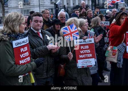 Londra, Regno Unito. Il 13 gennaio, 2018. Un piccolo gruppo Pro-Brexit sostenitore cartelloni holding detiene un rally di fronte a Downing Street il 14 gennaio 2018, Londra, UK Credit: Vedere Li/Alamy Live News Foto Stock