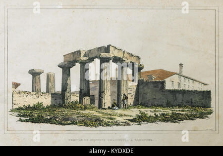 Il Tempio di Minerva a Corinto, in Grecia, è rappresentato in rovine che mostrano l'architettura greca classica; l'immagine è collegata all'esplorazione del 1830 del barone otto Magnus Stackelberg. Foto Stock