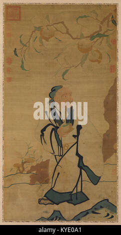 Un arazzo di seta che illustra Dongfang Shuo rubando la pesca dell'immortalità, una storia della mitologia cinese che simboleggia la saggezza, la longevità e la ricerca della vita eterna nell'arte tradizionale cinese. Foto Stock