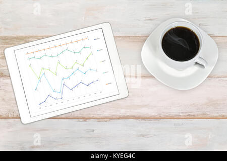Immagine composita di un mercato azionario i dati analitici sul posto di lavoro - moderno bianco e argento digitale compressa con tazza di caffè su una tavola di legno sfondo luminoso Foto Stock