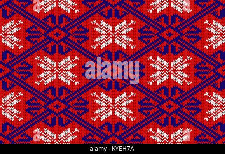 Maglia con fiocchi di neve in colori nazionali della Norvegia. Lana lavorato a maglia senza cuciture pattern Illustrazione Vettoriale