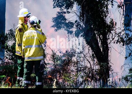 Newcastle, Australia. Xiv gen, 2018. Ventilata dalle gale force avvolge una grande bushfire burning nei pressi di Newcastle, NSW, Australia ha costretto l'aeroporto della città e Air Force Base di chiudere e di emergenza e di avvertimento emesso per dei sobborghi circostanti. Credito: Hugh Peterswald/Pacific Press/Alamy Live News Foto Stock