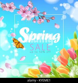 Realistiche in 3d molla vendita caratteri di script web banner modello. Colore rosa sakura cherry blossom tulip flower blue sky landscape design sfondo shop square social poster illustrazione vettoriale Illustrazione Vettoriale