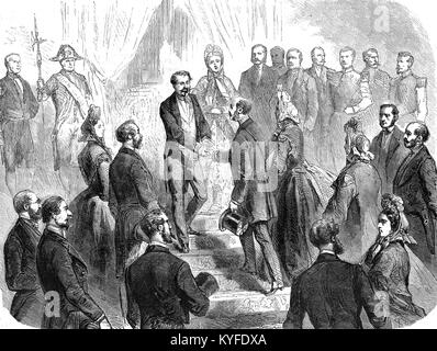 Immagine storica del 5 marzo 1864, che mostra l'imperatore Napoleone III con l'arciduca Massimiliano d'Austria e l'imperatrice Carlotta durante una visita ufficiale, rappresentando un momento importante nella storia diplomatica europea. Foto Stock
