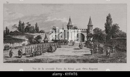 Incisione di Gabriel Florent Auguste de Choiseul-Gouffier del 1822 raffigurante l'Orta Kapousi, la porta centrale del Palazzo Topkapi di Istanbul, che rappresenta l'architettura imperiale ottomana. Foto Stock