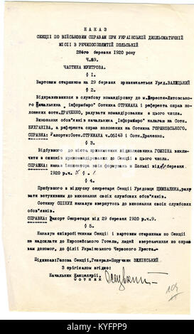 Rozkaz nr 59 emesso da Wiktor Zelinski della missione diplomatica Ucraina in Polonia, che descrive le direttive militari e le istruzioni operative durante il periodo storico. Foto Stock