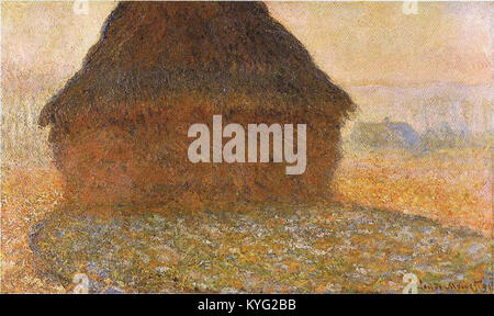 Il dipinto di Claude Monet del 1891 "Grainstack in Sunshine" (francese: "Meule au soleil") è un olio su tela di 60 x 100 cm. Ospitato nella Kunsthaus di Zurigo, l'opera raffigura un pagliaio illuminato dalla luce del sole, che mostra lo stile impressionista di Monet e la sua attenzione alla luce e al colore. Foto Stock